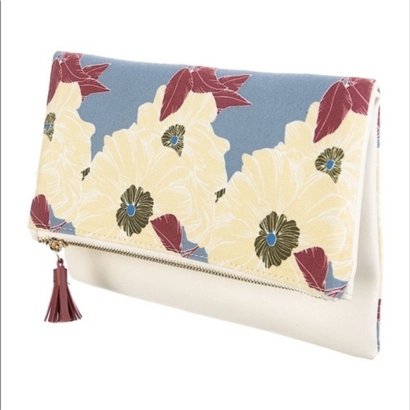 Rachel Pally Leather Trimmed Fold-over Clutch Cream Floral Pattern NWOT - Picture 1 of 14